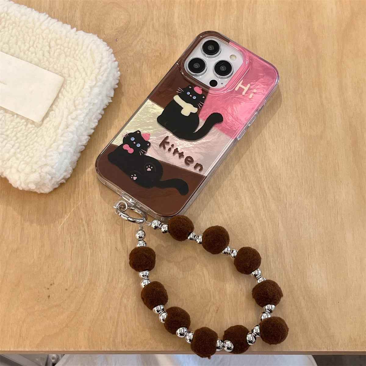 Cute Phone Case for iPhone 13, 14, 15, and 16 Pro Max - Cat Splicing Lattice Design with Hairball Wristband - TSP443 - Touchy Style
