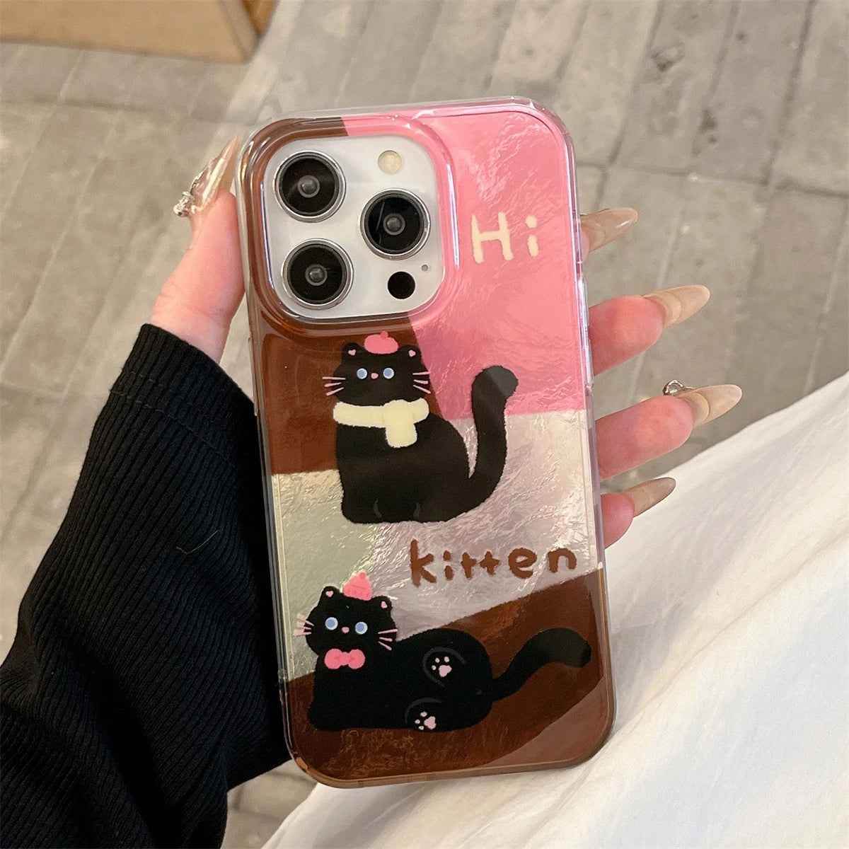 Cute Phone Case for iPhone 13, 14, 15, and 16 Pro Max - Cat Splicing Lattice Design with Hairball Wristband - TSP443 - Touchy Style