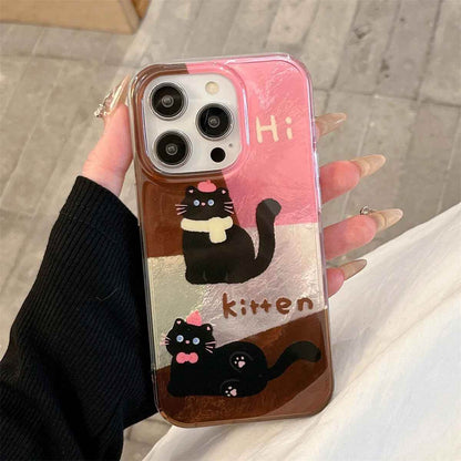 Cute Phone Case for iPhone 13, 14, 15, and 16 Pro Max - Cat Splicing Lattice Design with Hairball Wristband - TSP443 - Touchy Style