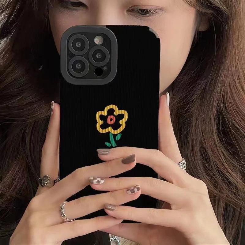 Cute Phone Case for iPhone 14 13 12 11 Pro Max, 14 Plus, X XR XS Max, 7 8 Plus, 12 13 Mini: Simple Flower Pattern on Black - Touchy Style .
