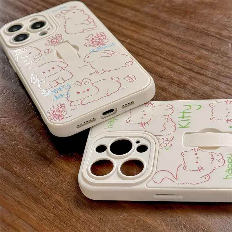 Cute Phone Case for iPhone 15 Pro Max, 14, 13, 11, and 12 – Cartoon Cat &amp; Rabbit Design with Invisible Ring Kickstand – TSP219 - Touchy Style