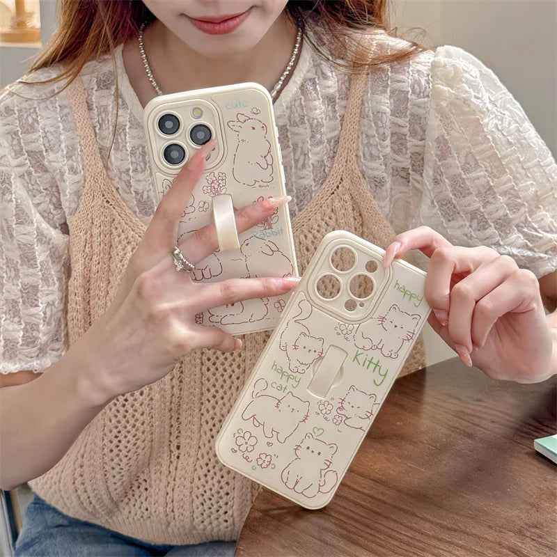 Cute Phone Case for iPhone 15 Pro Max, 14, 13, 11, and 12 – Cartoon Cat &amp; Rabbit Design with Invisible Ring Kickstand – TSP219 - Touchy Style