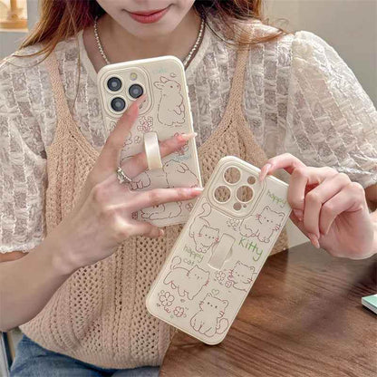 Cute Phone Case for iPhone 15 Pro Max, 14, 13, 11, and 12 – Cartoon Cat &amp; Rabbit Design with Invisible Ring Kickstand – TSP219 - Touchy Style