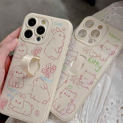 Cute Phone Case for iPhone 15 Pro Max, 14, 13, 11, and 12 – Cartoon Cat &amp; Rabbit Design with Invisible Ring Kickstand – TSP219 - Touchy Style