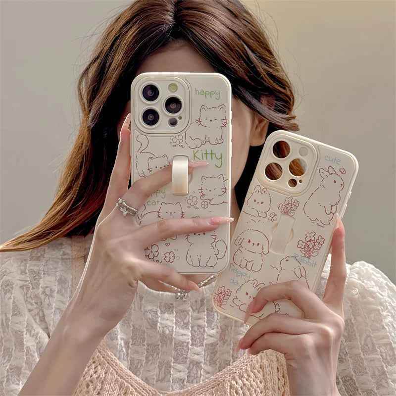 Cute Phone Case for iPhone 15 Pro Max, 14, 13, 11, and 12 – Cartoon Cat &amp; Rabbit Design with Invisible Ring Kickstand – TSP219 - Touchy Style