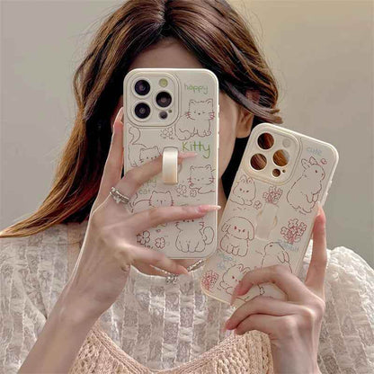 Cute Phone Case for iPhone 15 Pro Max, 14, 13, 11, and 12 – Cartoon Cat &amp; Rabbit Design with Invisible Ring Kickstand – TSP219 - Touchy Style