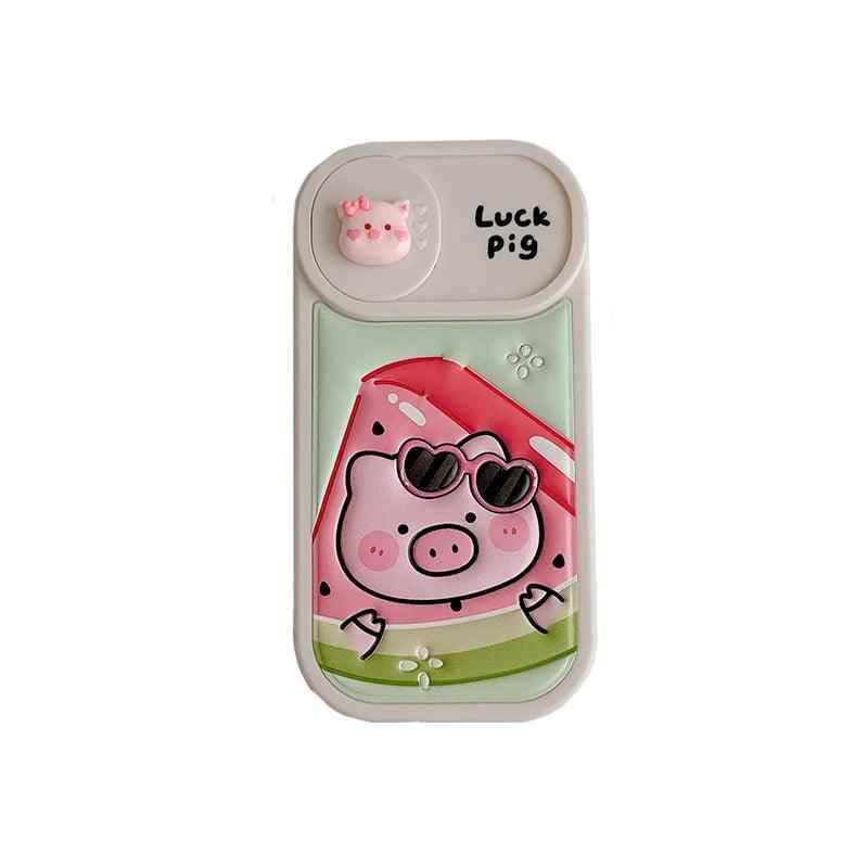 Cute Phone Cases: Cartoon Pig Lens Protector Case with Bracelet for iPhone 15/14/13/12 Pro Max - TSP314 - Touchy Style