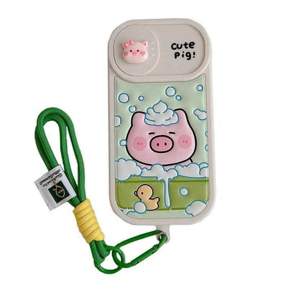 Cute Phone Cases: Cartoon Pig Lens Protector Case with Bracelet for iPhone 15/14/13/12 Pro Max - TSP314 - Touchy Style