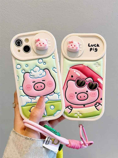 Cute Phone Cases: Cartoon Pig Lens Protector Case with Bracelet for iPhone 15/14/13/12 Pro Max - TSP314 - Touchy Style