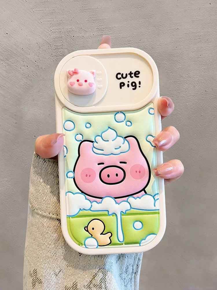 Cute Phone Cases: Cartoon Pig Lens Protector Case with Bracelet for iPhone 15/14/13/12 Pro Max - TSP314 - Touchy Style