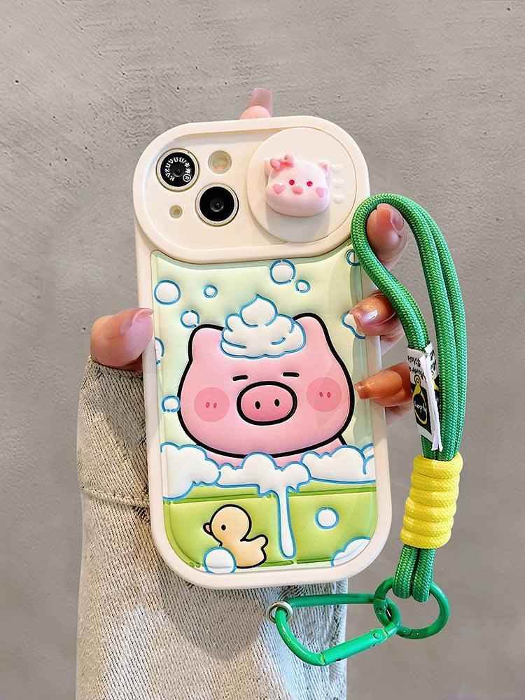 Cute Phone Cases: Cartoon Pig Lens Protector Case with Bracelet for iPhone 15/14/13/12 Pro Max - TSP314 - Touchy Style