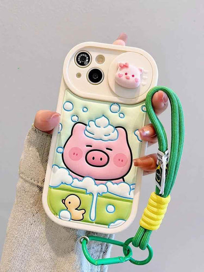 Cute Phone Cases: Cartoon Pig Lens Protector Case with Bracelet for iPhone 15/14/13/12 Pro Max - TSP314 - Touchy Style