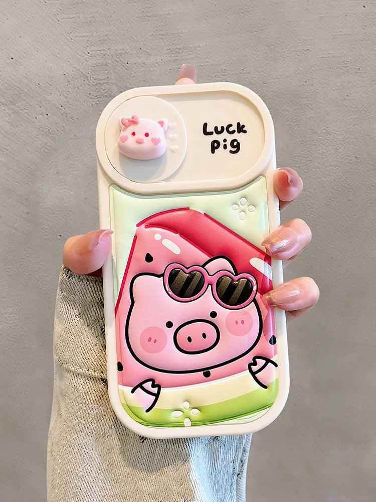 Cute Phone Cases: Cartoon Pig Lens Protector Case with Bracelet for iPhone 15/14/13/12 Pro Max - TSP314 - Touchy Style