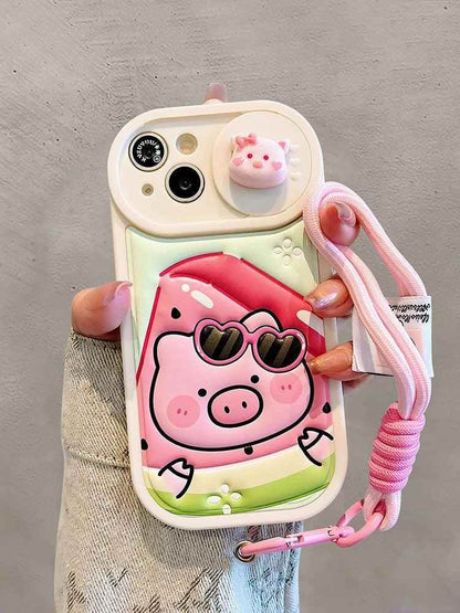 Cute Phone Cases: Cartoon Pig Lens Protector Case with Bracelet for iPhone 15/14/13/12 Pro Max - TSP314 - Touchy Style