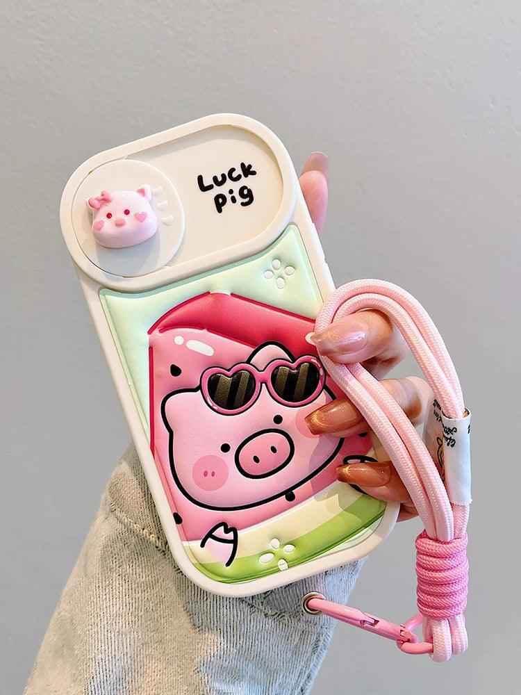 Cute Phone Cases: Cartoon Pig Lens Protector Case with Bracelet for iPhone 15/14/13/12 Pro Max - TSP314 - Touchy Style