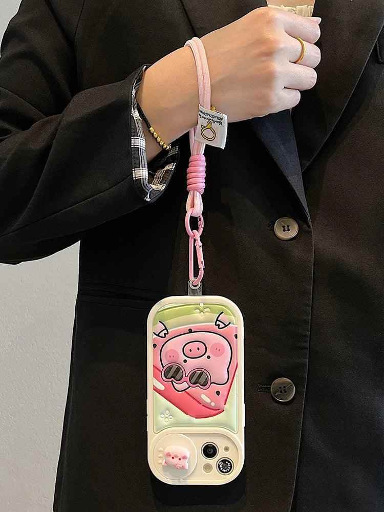 Cute Phone Cases: Cartoon Pig Lens Protector Case with Bracelet for iPhone 15/14/13/12 Pro Max - TSP314 - Touchy Style