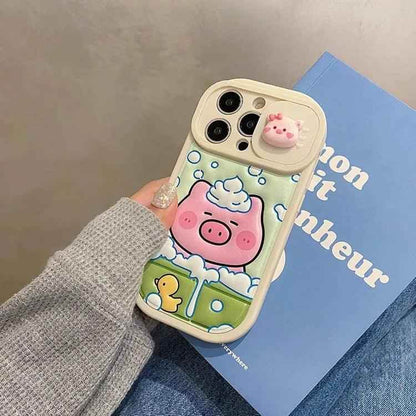 Cute Phone Cases: Cartoon Pig Lens Protector Case with Bracelet for iPhone 15/14/13/12 Pro Max - TSP314 - Touchy Style
