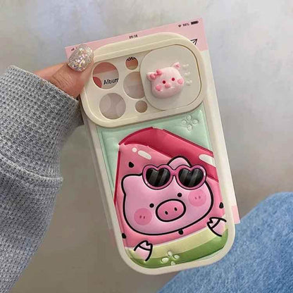 Cute Phone Cases: Cartoon Pig Lens Protector Case with Bracelet for iPhone 15/14/13/12 Pro Max - TSP314 - Touchy Style
