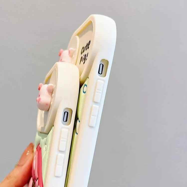 Cute Phone Cases: Cartoon Pig Lens Protector Case with Bracelet for iPhone 15/14/13/12 Pro Max - TSP314 - Touchy Style