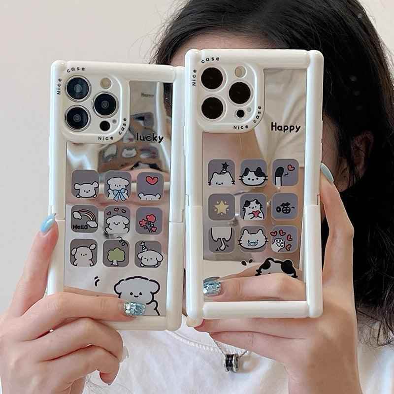 Cute Phone Cases - Cartoon Puppy Cat Holder Stand, Mirror Case for iPhone 15, 14, 13, 12, 11 Pro Max - TSP296 - Touchy Style