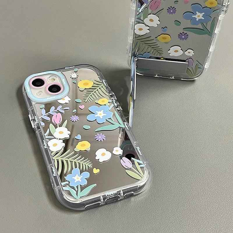 Cute Phone Cases - Floral Makeup Mirror with Stand for iPhone 15/14/13/12 Pro Max - TSP287 - Touchy Style