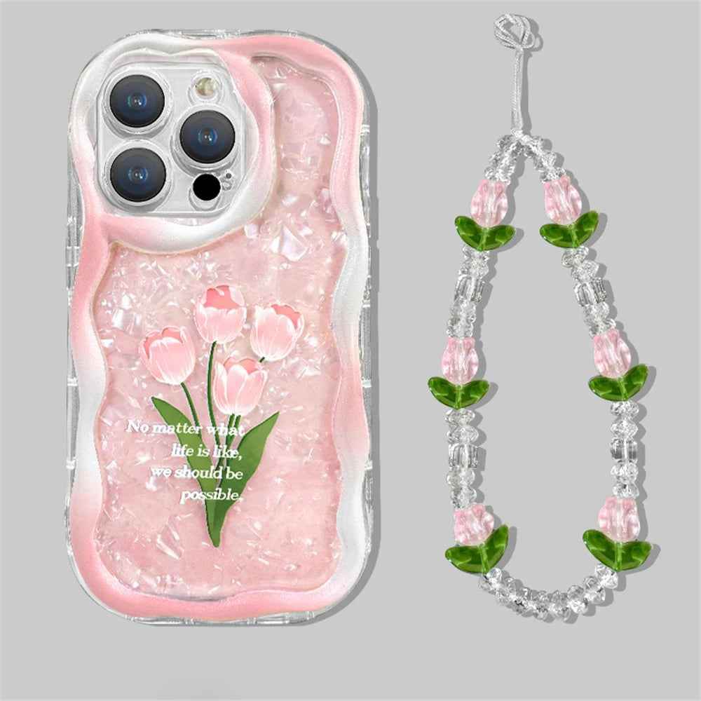 Cute Phone Cases For iPhone 11, 12, 13, 14, or Pro Max - Pink Tulip Shell Pattern, Flower Chain Lanyard - TSP432 - Touchy Style