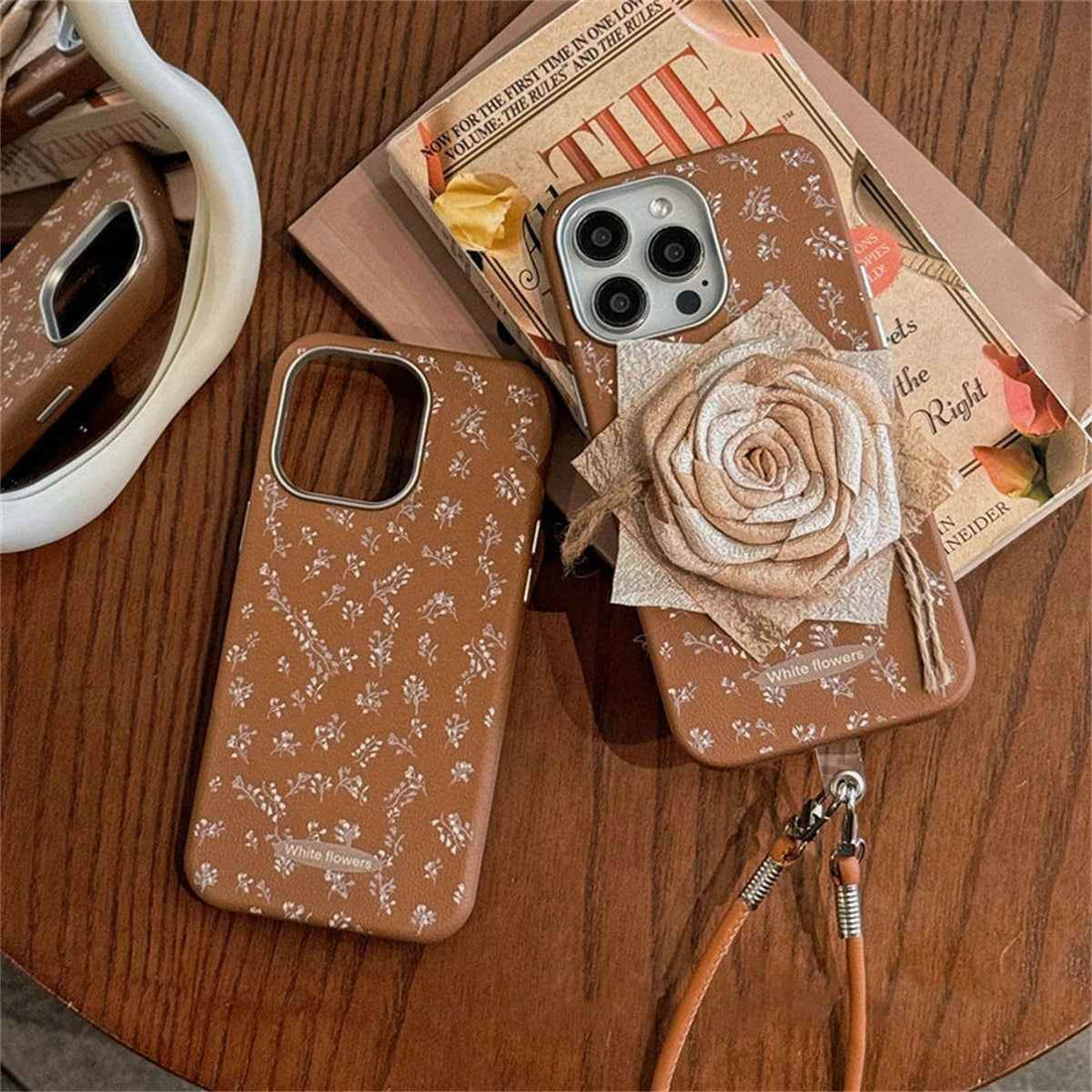 Cute Phone Cases for iPhone 13, 14, 15, or 16 Pro Max with Wristband - Vintage 3D Rose Pattern - TSP438 - Touchy Style