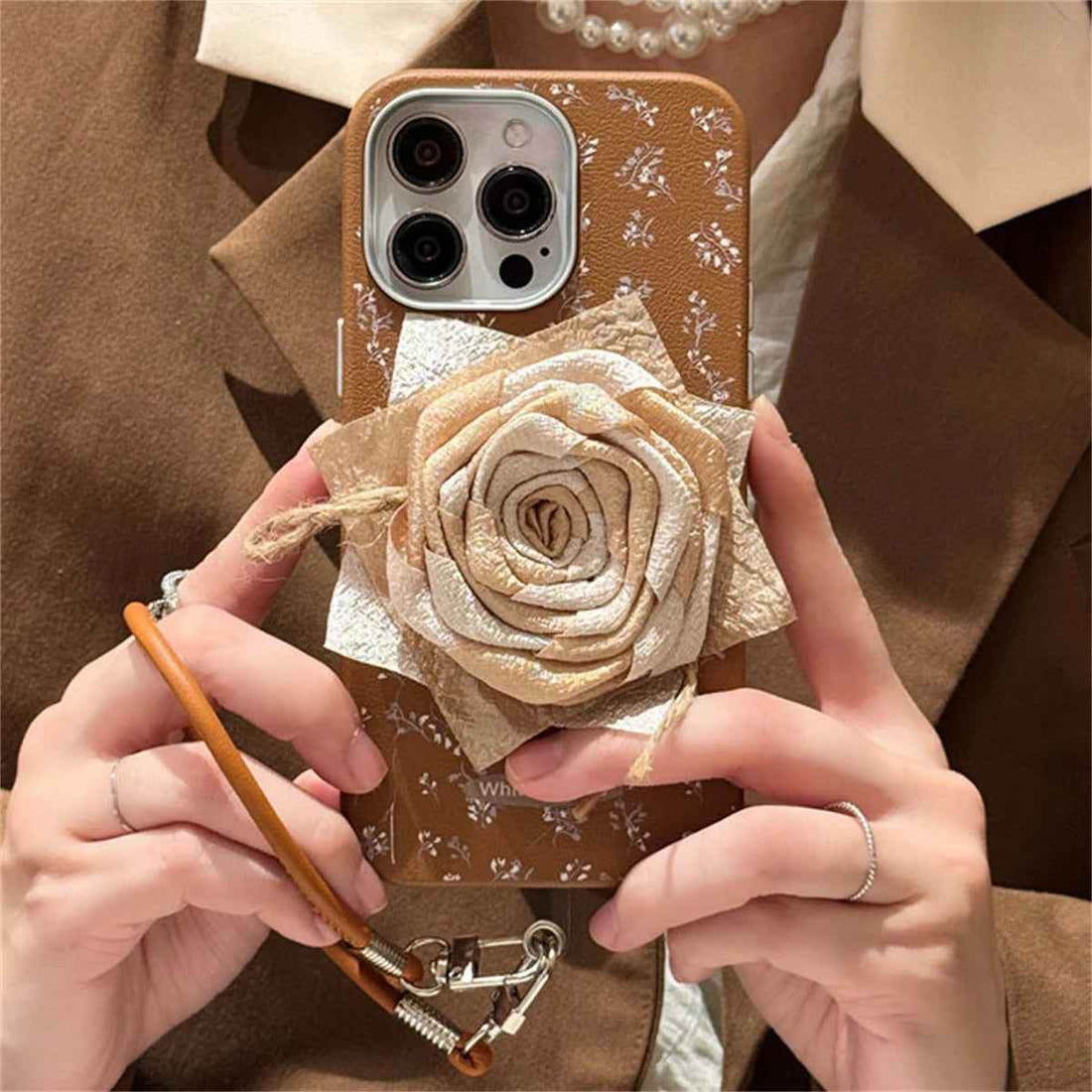 Cute Phone Cases for iPhone 13, 14, 15, or 16 Pro Max with Wristband - Vintage 3D Rose Pattern - TSP438 - Touchy Style