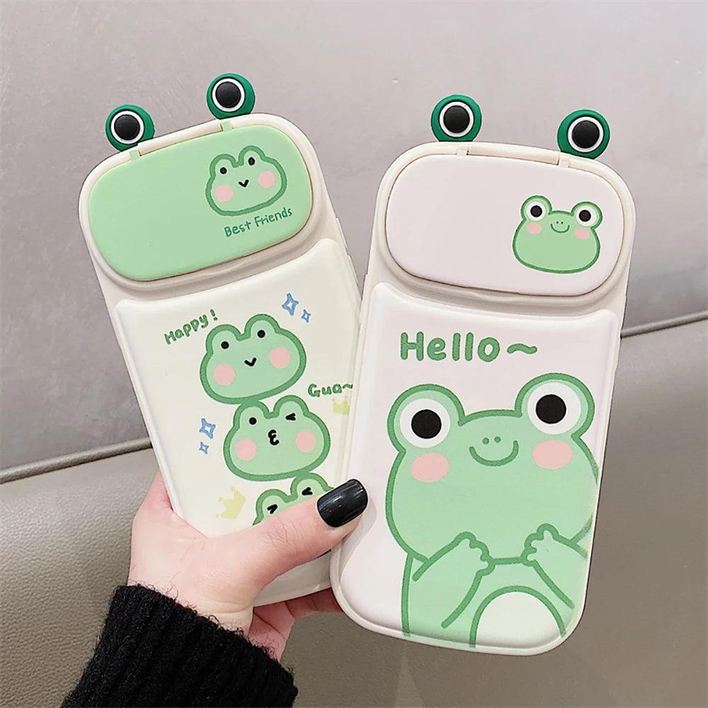 Cute Phone Cases for iPhone 14 13 12 11 Pro Max Plus - Frog Cartoon Makeup Mirror Camera Lens Stand - Touchy Style