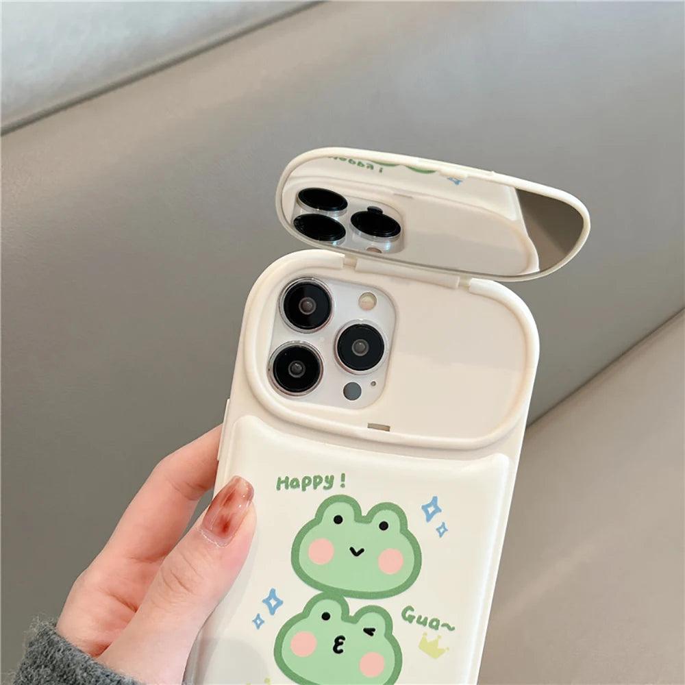 Cute Phone Cases for iPhone 14 13 12 11 Pro Max Plus - Frog Cartoon Makeup Mirror Camera Lens Stand - Touchy Style