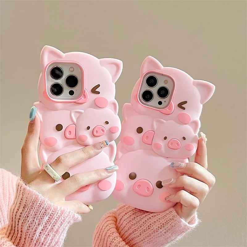 Cute Phone Cases for iPhone 14, 13, 12, and 11 Pro Max models - 3D Funny Pigs - Soft Silicone Cover - TSP251 - Touchy Style
