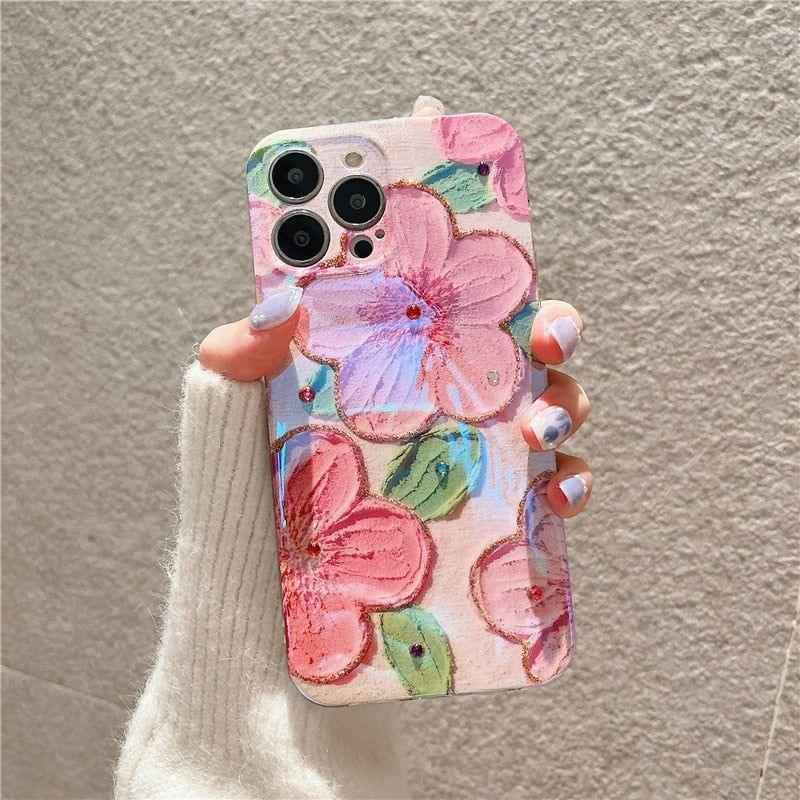 Cute Phone Cases for iPhone 14 Pro Max 13 12 11 X XS XR 7 8 Plus SE 2020 - Pink Flowers Glitter Laser - Touchy Style .