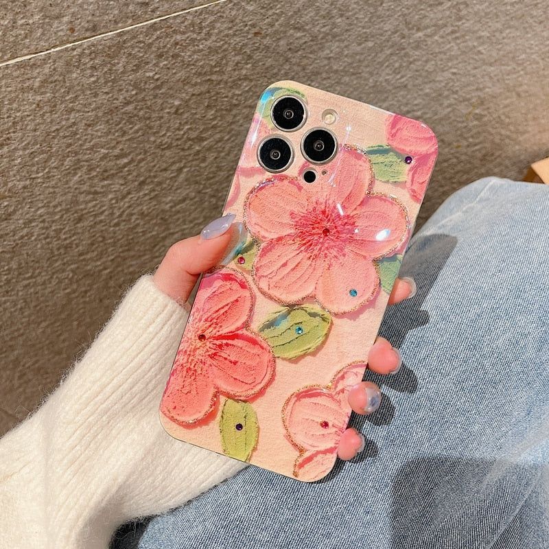 Cute Phone Cases for iPhone 14 Pro Max 13 12 11 X XS XR 7 8 Plus SE 2020 - Pink Flowers Glitter Laser - Touchy Style .