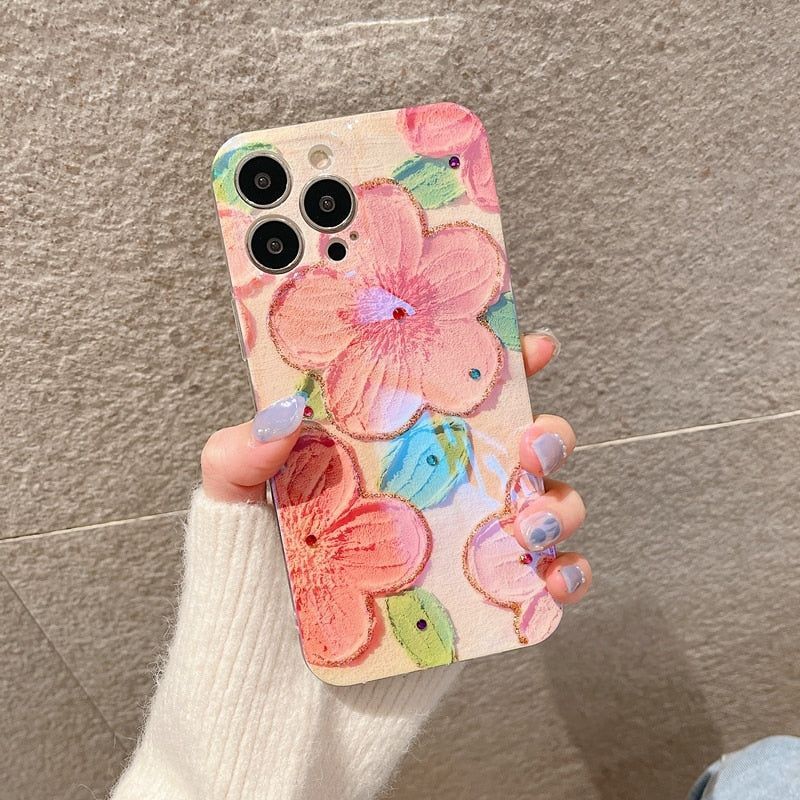 Cute Phone Cases for iPhone 14 Pro Max 13 12 11 X XS XR 7 8 Plus SE 2020 - Pink Flowers Glitter Laser - Touchy Style .