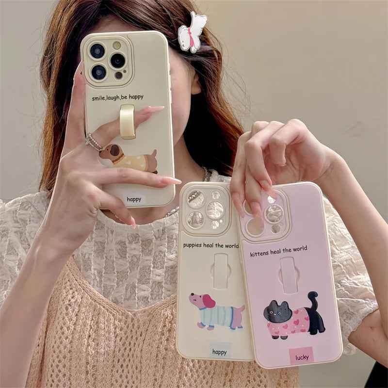 Cute Phone Cases for iPhone 15, 14, 13, 11, or 12 Pro Max - Cartoon Puppy Dog &amp; Cat with Hidden Ring Holder - TSP221 - Touchy Style