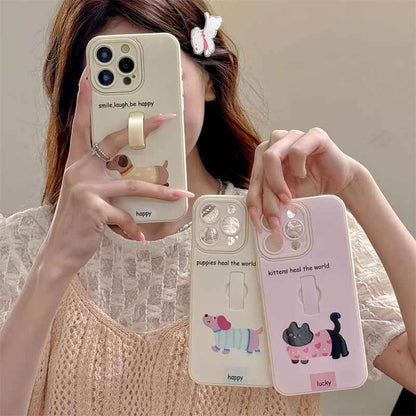 Cute Phone Cases for iPhone 15, 14, 13, 11, or 12 Pro Max - Cartoon Puppy Dog &amp; Cat with Hidden Ring Holder - TSP221 - Touchy Style