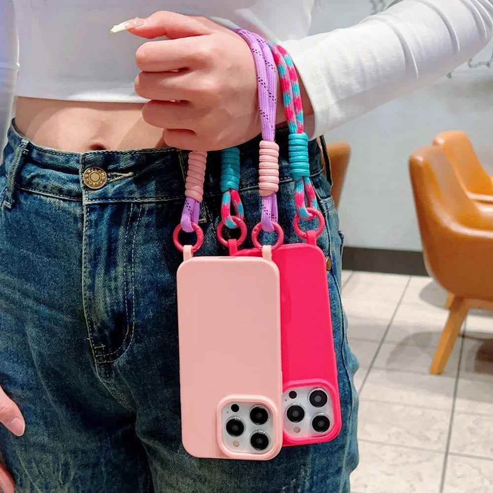 Cute Phone Cases For iPhone 15, 14, 13, 12, 11, XR, XS Max, Pro, and Plus models - Plain Color with Wrist Chain - TSP472 - Touchy Style