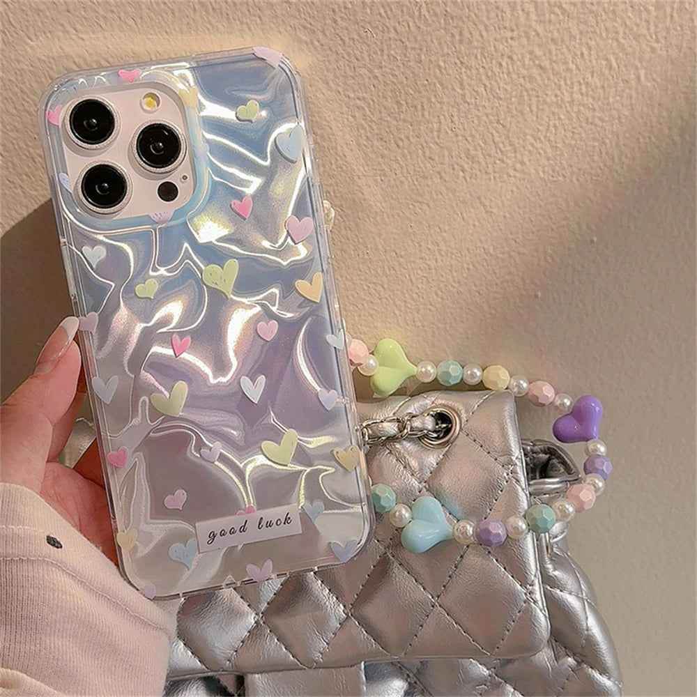 Cute Phone Cases for iPhone 15, 14, 13, 12, Pro Max, and 11 - Colorful Hearts Pattern with Bracelet - TSP353 - Touchy Style