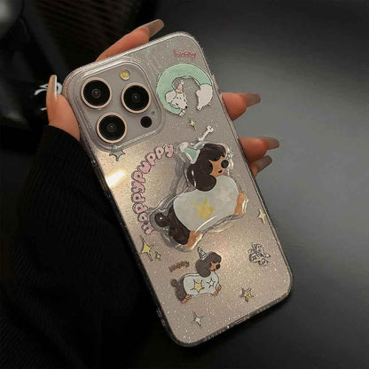 Cute Phone Cases for iPhone 15, 14, 13, 12 Pro Max, and more - Transparent Glitter 3D Puppy Stand Holder - TSP344 - Touchy Style