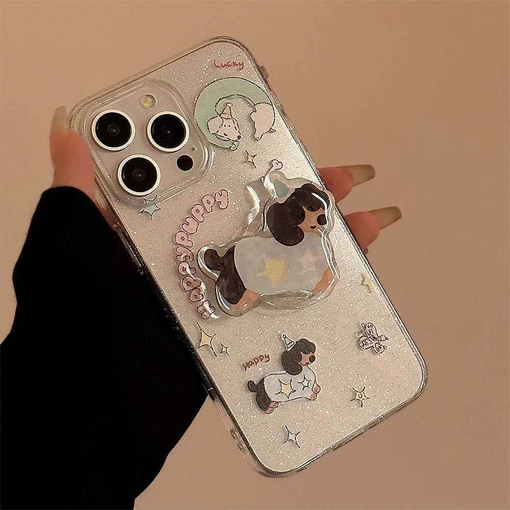 Cute Phone Cases for iPhone 15, 14, 13, 12 Pro Max, and more - Transparent Glitter 3D Puppy Stand Holder - TSP344 - Touchy Style