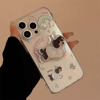 Cute Phone Cases for iPhone 15, 14, 13, 12 Pro Max, and more - Transparent Glitter 3D Puppy Stand Holder - TSP344 - Touchy Style