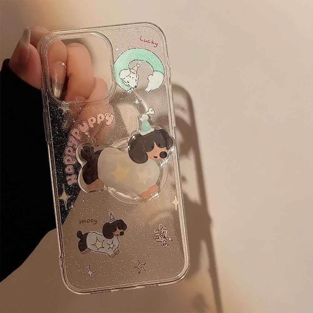 Cute Phone Cases for iPhone 15, 14, 13, 12 Pro Max, and more - Transparent Glitter 3D Puppy Stand Holder - TSP344 - Touchy Style