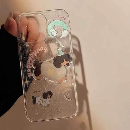 Cute Phone Cases for iPhone 15, 14, 13, 12 Pro Max, and more - Transparent Glitter 3D Puppy Stand Holder - TSP344 - Touchy Style