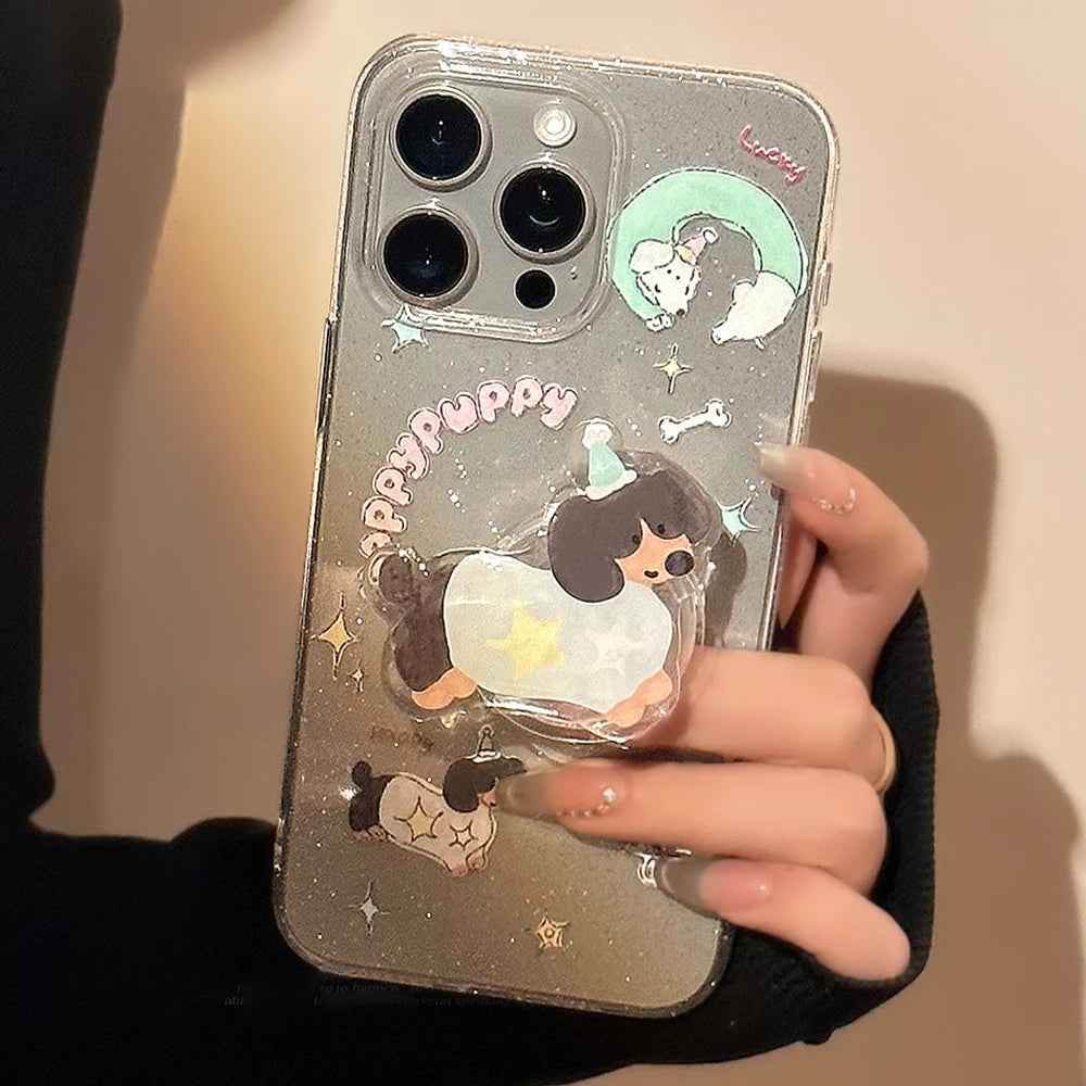 Cute Phone Cases for iPhone 15, 14, 13, 12 Pro Max, and more - Transparent Glitter 3D Puppy Stand Holder - TSP344 - Touchy Style