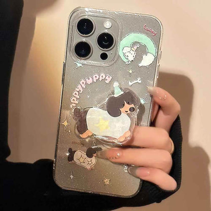 Cute Phone Cases for iPhone 15, 14, 13, 12 Pro Max, and more - Transparent Glitter 3D Puppy Stand Holder - TSP344 - Touchy Style
