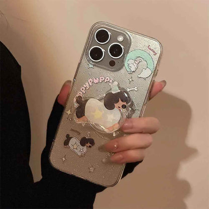Cute Phone Cases for iPhone 15, 14, 13, 12 Pro Max, and more - Transparent Glitter 3D Puppy Stand Holder - TSP344 - Touchy Style