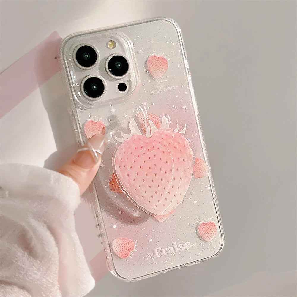 Cute Phone Cases for iPhone 15, 14, 13, 12 Pro Max, Plus &amp; 11 - Glitter Transparent Strawberry - TSP340 - Touchy Style
