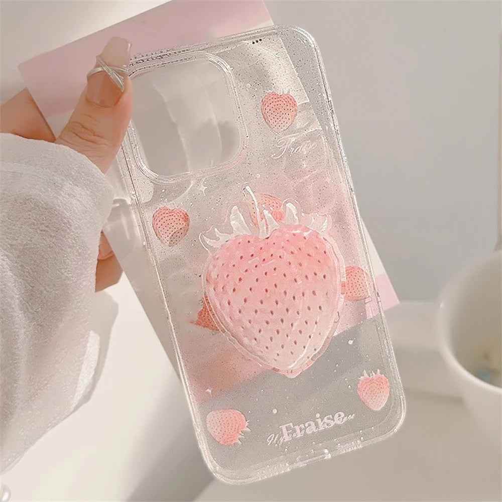 Cute Phone Cases for iPhone 15, 14, 13, 12 Pro Max, Plus &amp; 11 - Glitter Transparent Strawberry - TSP340 - Touchy Style