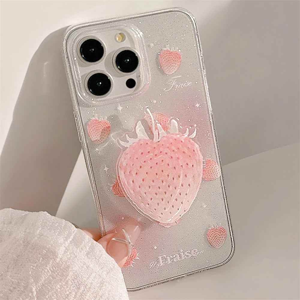 Cute Phone Cases for iPhone 15, 14, 13, 12 Pro Max, Plus &amp; 11 - Glitter Transparent Strawberry - TSP340 - Touchy Style