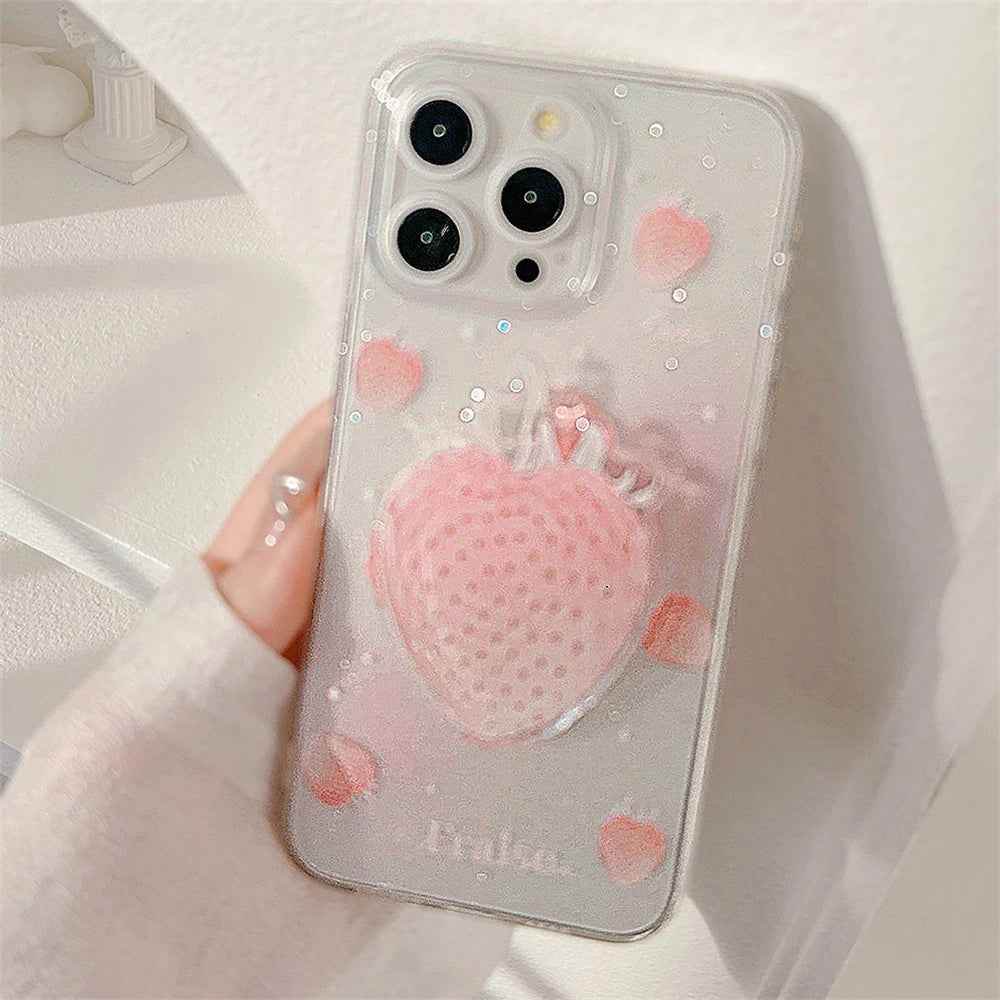 Cute Phone Cases for iPhone 15, 14, 13, 12 Pro Max, Plus &amp; 11 - Glitter Transparent Strawberry - TSP340 - Touchy Style